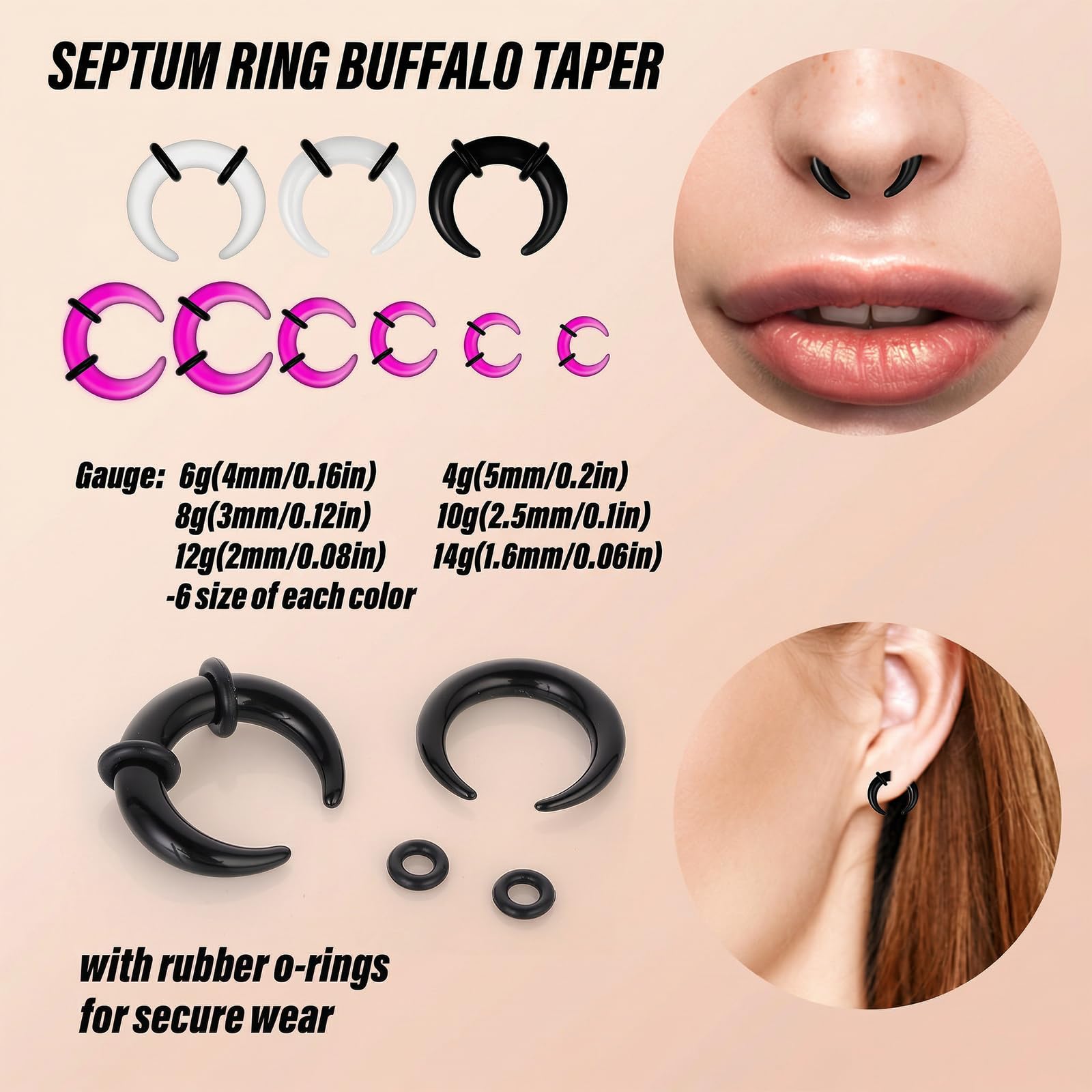 Yolev Kit d'étirement de septum 36 pièces en acrylique 16 G-6G avec joints toriques noirs en forme de fer à cheval en forme de C pour septum, oreille, cartilage, nez pour homme et femme