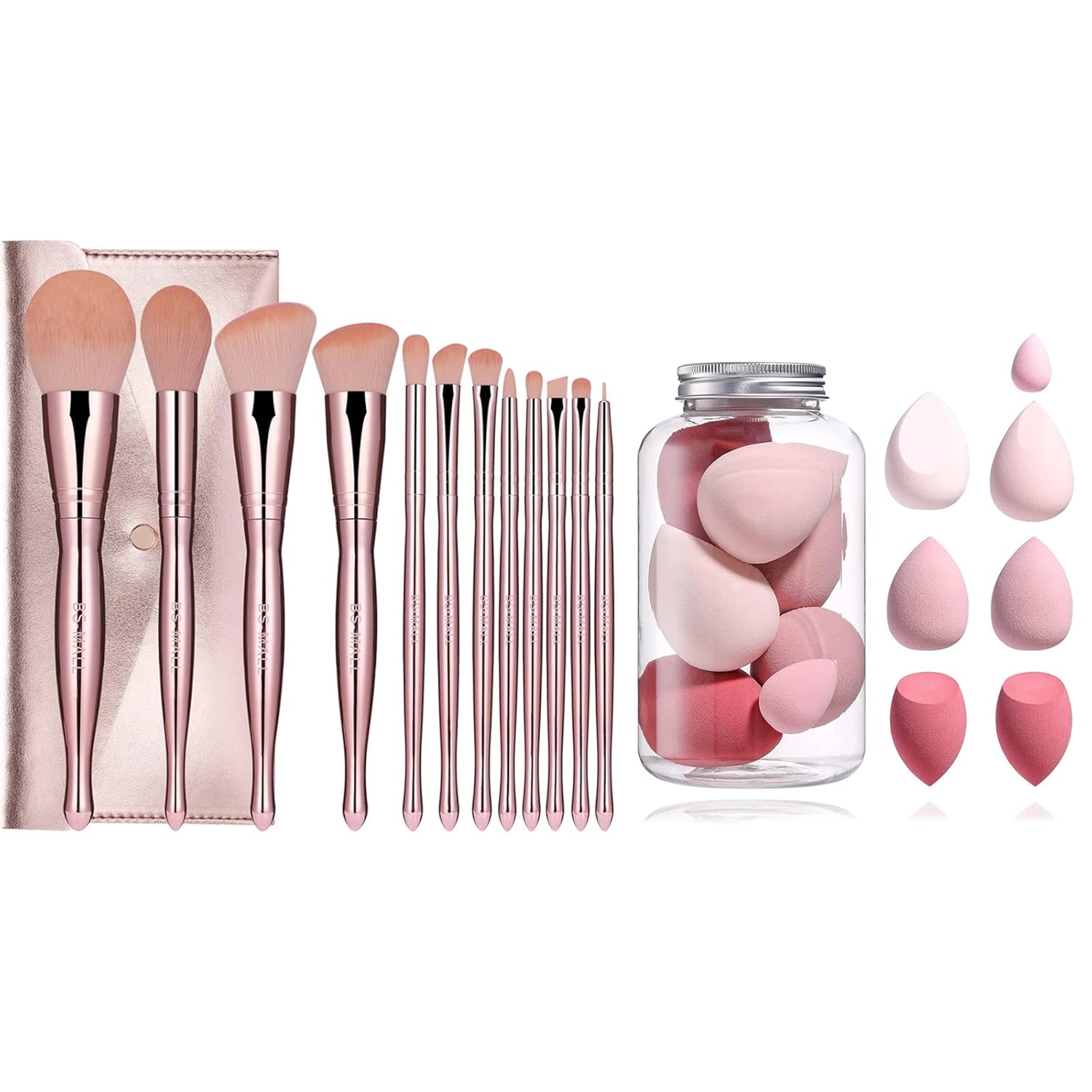 BSMALL Makeup sponge set & Pink Makeup Brushes set 12