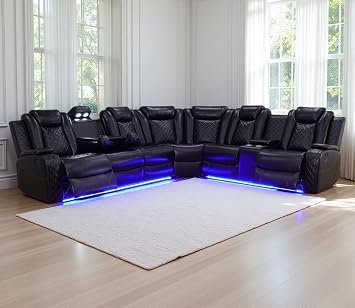 Power Recliner Sofa Sectional Couches with LED Light,Leather Reclining Corner Sectional Sofa Set with 2 Recliner Seats,Cup Holder,Storage Console for Living Room,Black