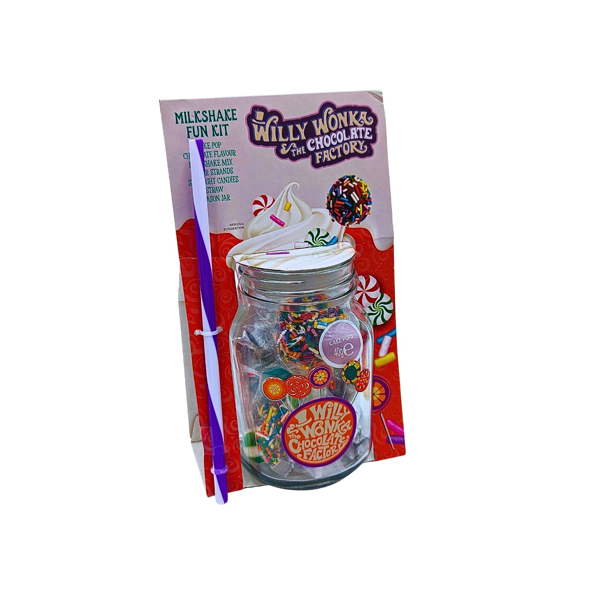 Make Your Own Milkshake Kit - Milkshake Gift Set - Includes Mason Jar & Straw, Milkshake Mix, Cake Pop, Sugar Strands, Starlight Candies - Willy The Chocolate Factory - Candy