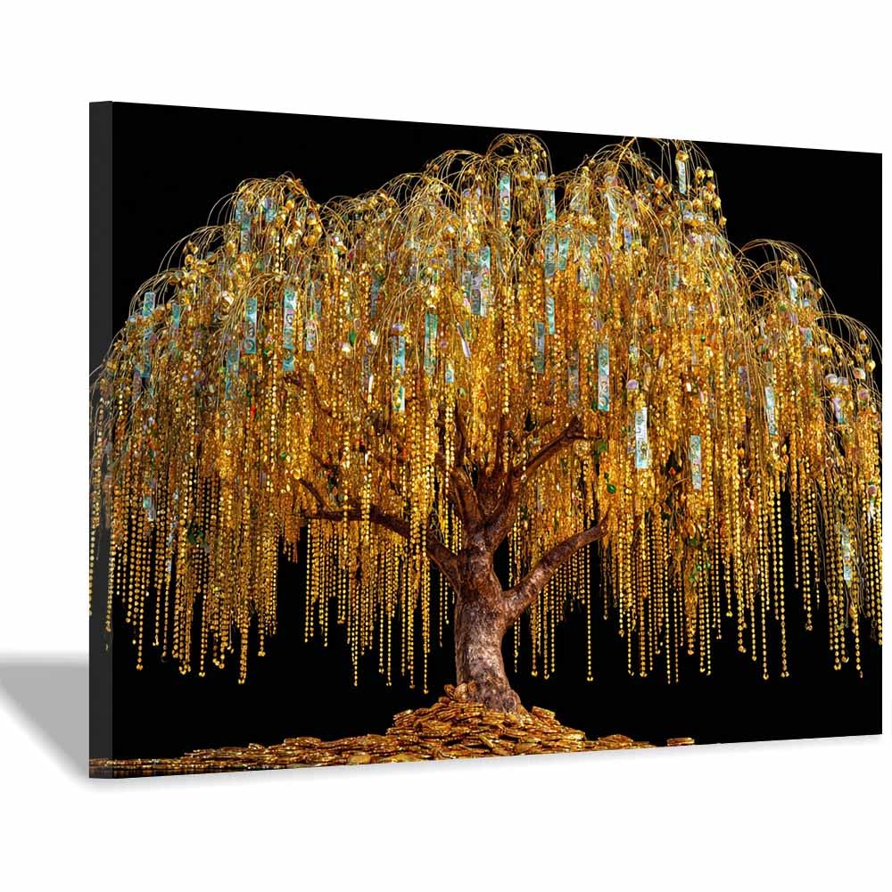 ZAMAEIU Tree of Life Painting Abstract Draped-pendant trees Panoramic Canvas Prints Pictures for Living Room Bedroom Home Office Wall Decoration(golden)-70x100cm Framed