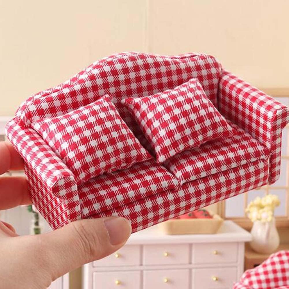1:12 Red Plaid Sofa Set Mini Model Dollhouse Furniture 3-Piece Set