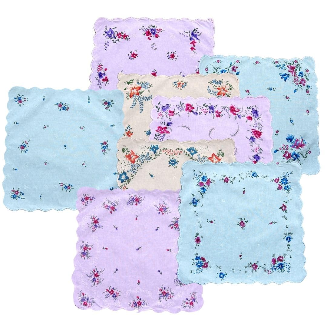 100% Cotton Women's Handkerchief with Embroidered Scallop Border | 31 x 31 cm Square Hanky | Soft Absorbent Multicolor Floral Design | Light Blue, Light Cream & Light Pink-image-16