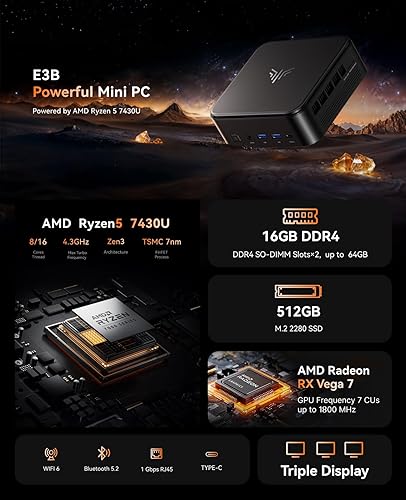 E3B Mini PC AMD Ryzen 7 7430U(Bis zu 4,5GHz) 16GB DDR4 256GB SSD mit Radeon RX Vega 8 Graphics Micro Desktop Computer Für Büro/Heimkino/Meeting/Business/Trip |WiFi 6|BT 5.2|USB3.2 - 2