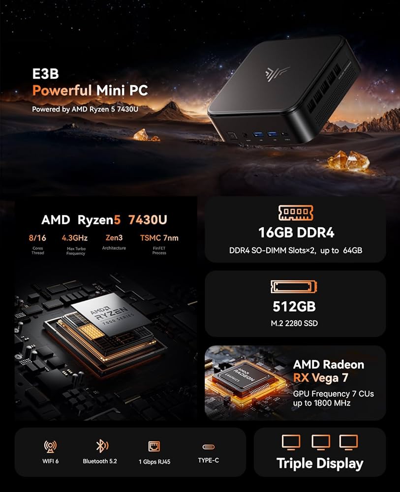 NiPoGi E3B AMD Ryzen 5 7430U, 16GB DDR4 512GB SSD Mini Desktop