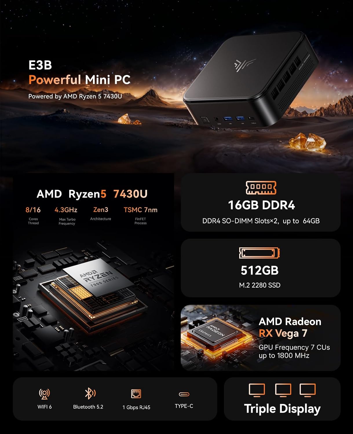 NiPoGi E3B Mini PC AMD Ryzen 7 5825U (up to 4.5GHz) 16GB DDR4 512GB SSD with Radeon RX Vega 8 Graphics Micro Desktop Computer for Office/Home Cinema/Meeting/Business/Trip | WiFi... – Bild 2