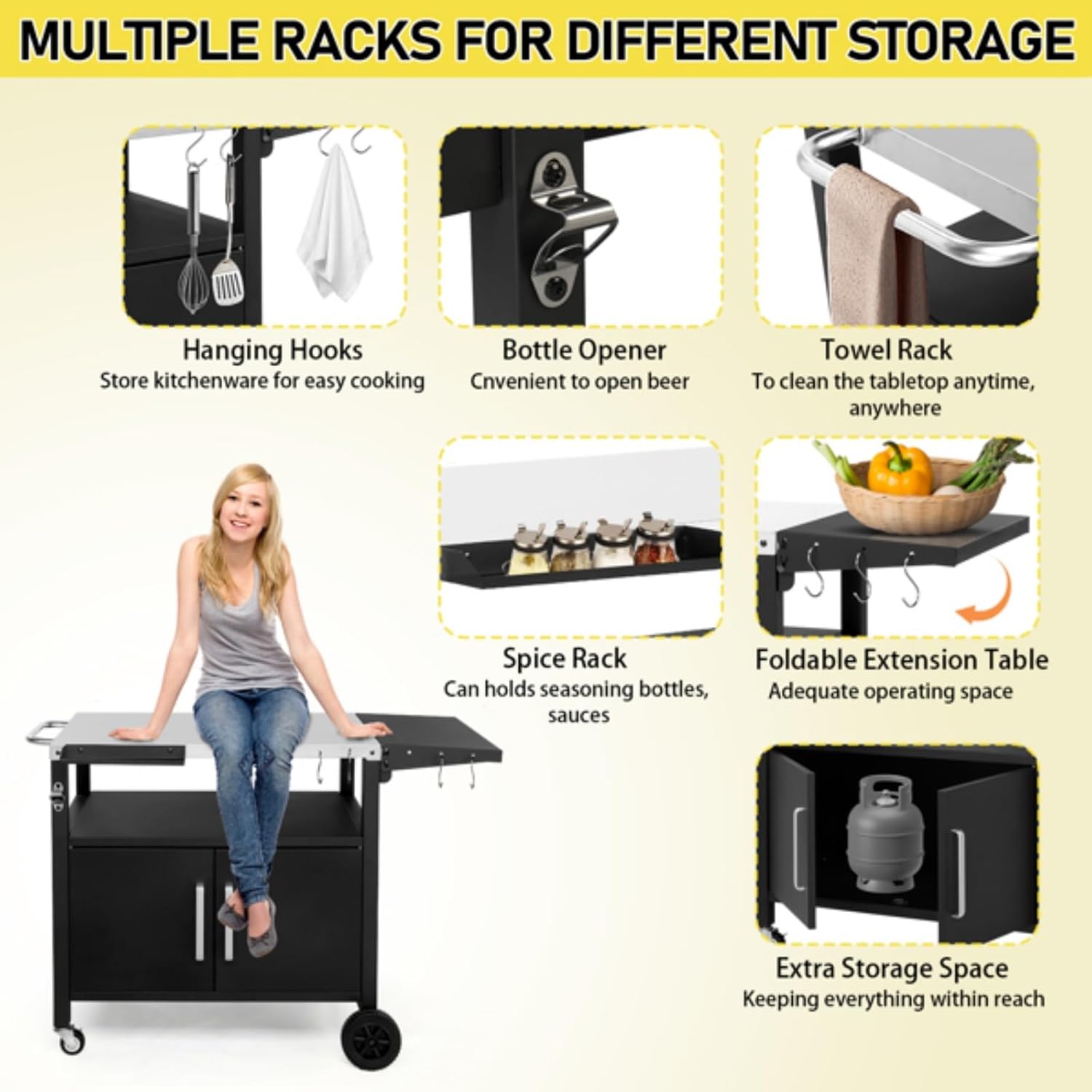 Patio Kitchen Island Outdoor Grill Table,Outdoor Grill Cart with Storage,Rolling Bar Cart Movable Kitchen Island for BBQ, Patio Dining Cart Table for Food Prep with Wheels&&Hooks Foldable Top,Black