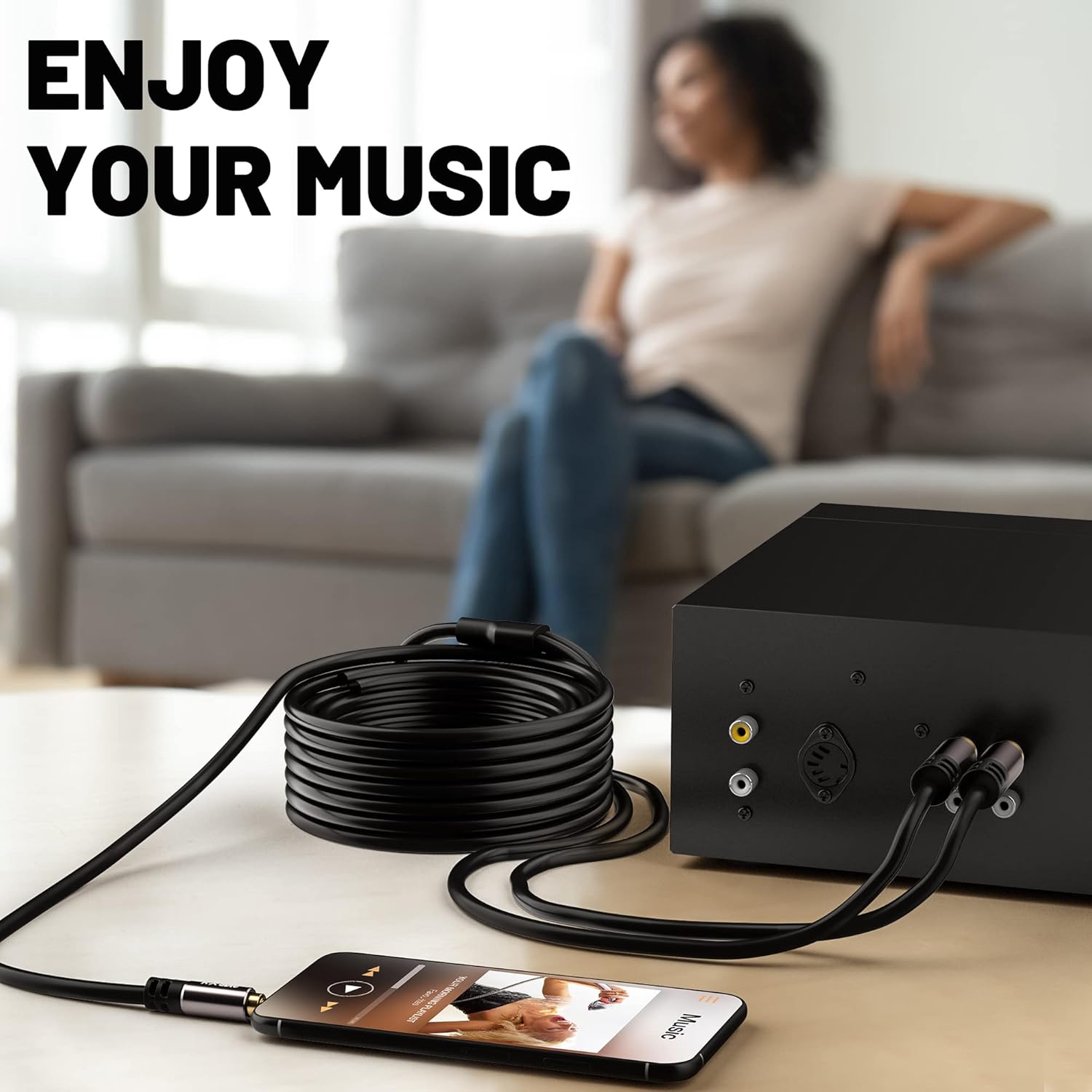 Kxable 3.5mm to RCA Cable 100FT, 2 Male RCA to Aux Stereo Audio Adapter, Hi-Fi Sound Auxiliary Y Splitter Cord, Shielded 1/8 to 2RCA Cable for Headphone, MP3, Tablet, Speaker, HDTV, Phone and More