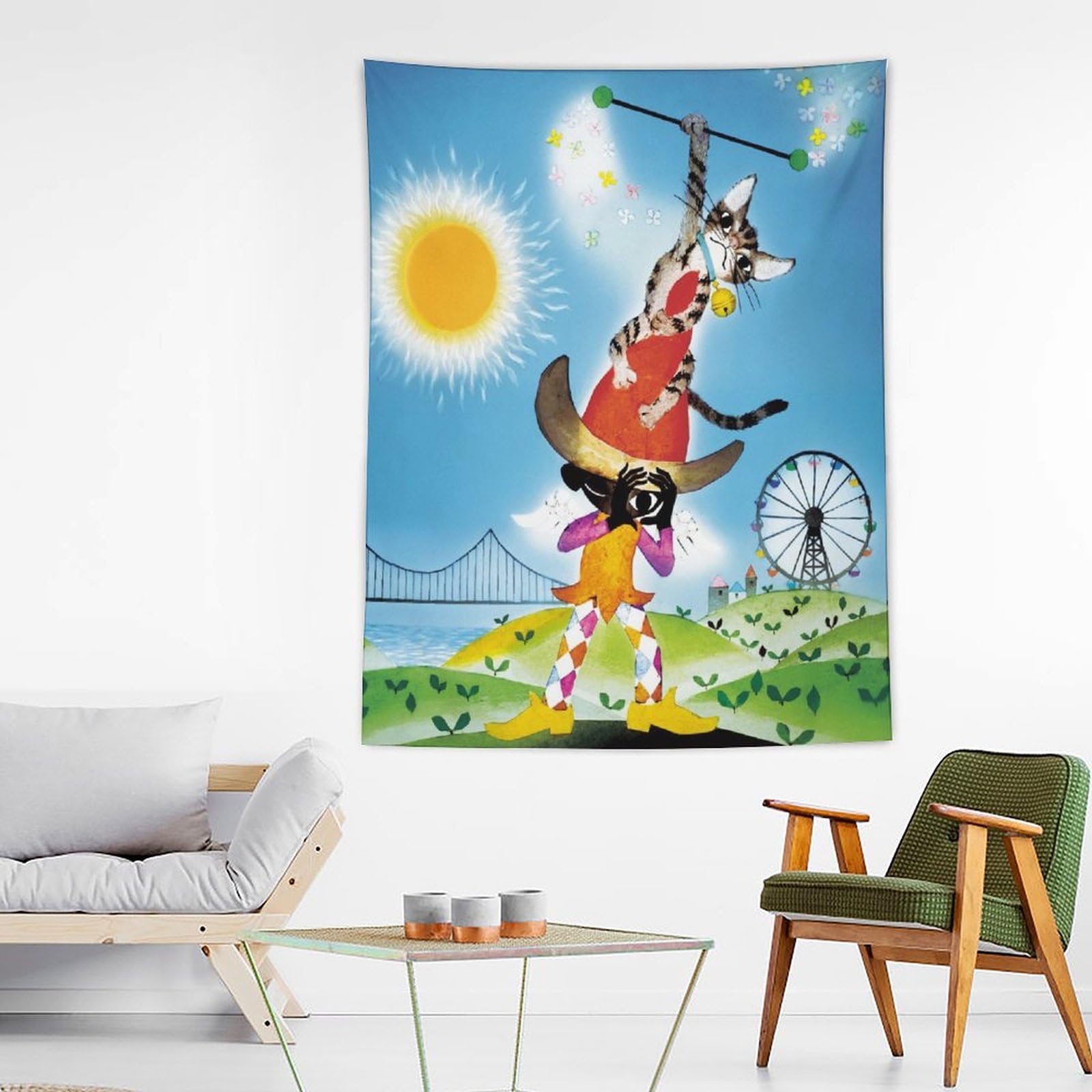 Amazon.co.jp: 藤城清治 幸せを呼ぶ猫 タペストリー 壁掛け 人気 布