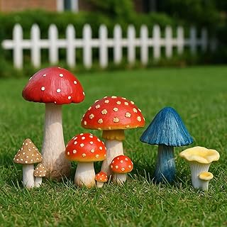 Miniature Resin Mushroom Decor for Fairy Garden – 6 PCS Colorful Mushroom Figurines, Yard Art Ornaments for Outdoor Garden, Bonsai & Terrarium Decorations (six Set)