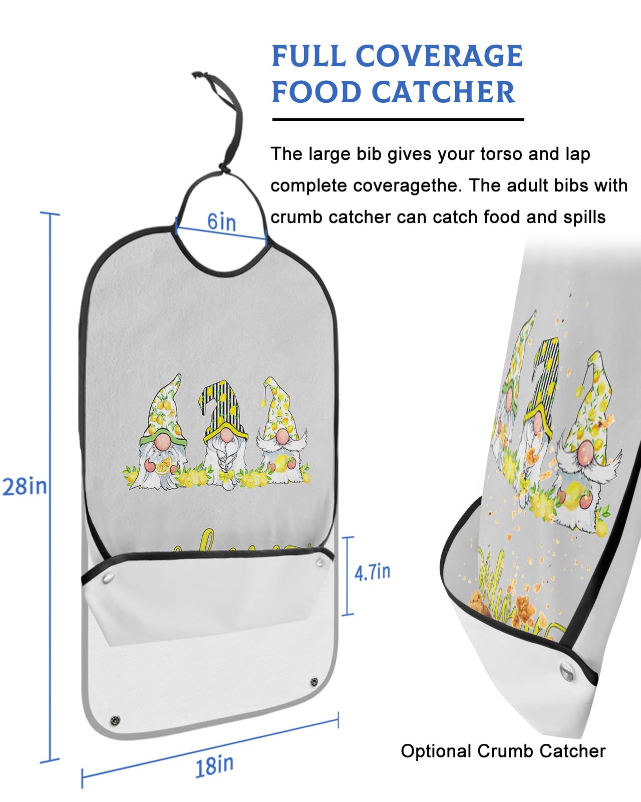 LEOKOTI Summer Farm Gnomes Adult Bibs for Eating, Waterproof Bibs with Food Catcher & Adjustable Snap Closure, Yellow Lemon Welcome Spring Washable Clothing Protectors Adult Bibs for Elderly Women/Men