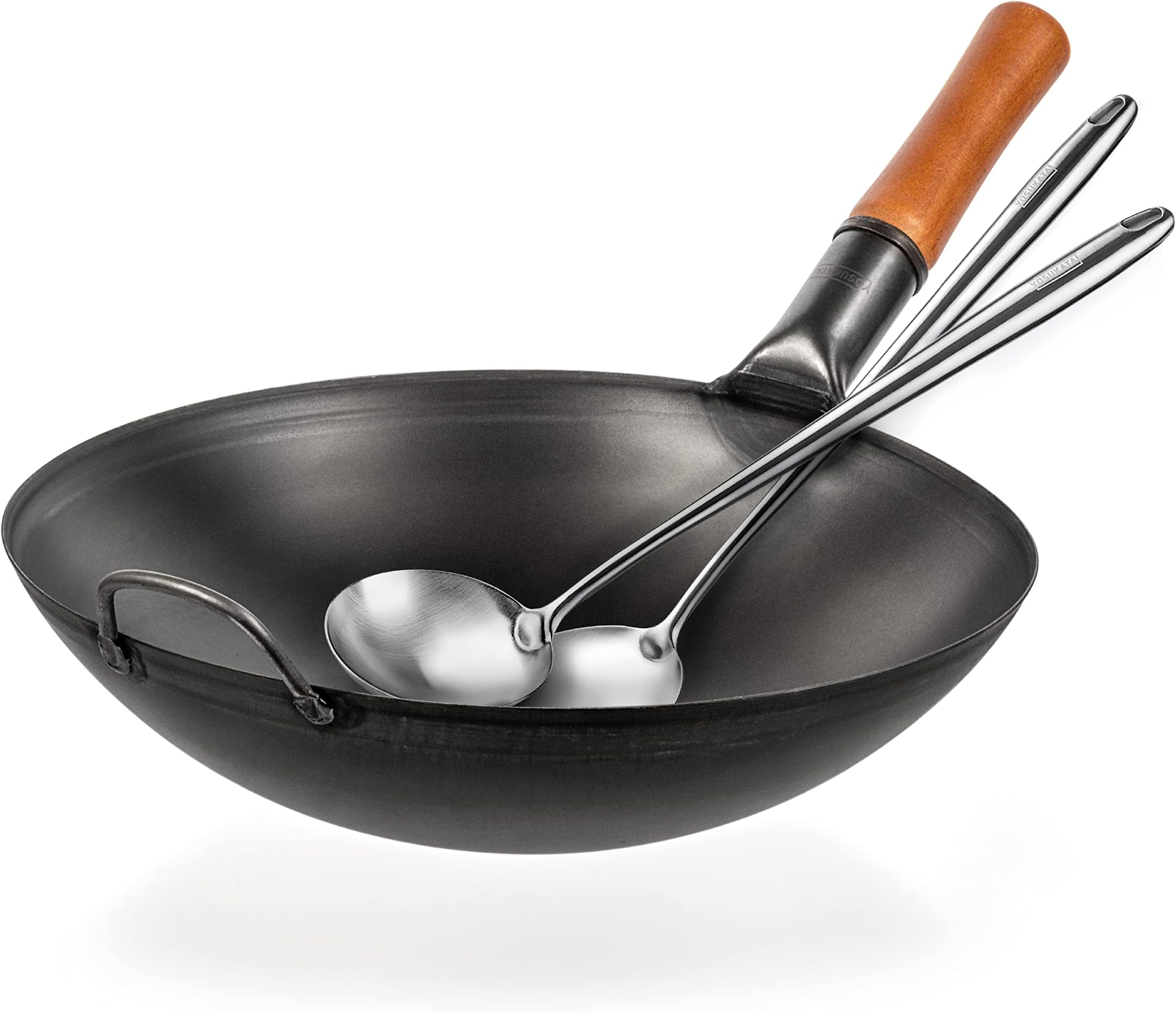 14" Carbon Steel Wok Pan Set - Pre-Seasoned, 17" Wok Spatula & Ladle - Heat-Resistant, Dishwasher Safe
