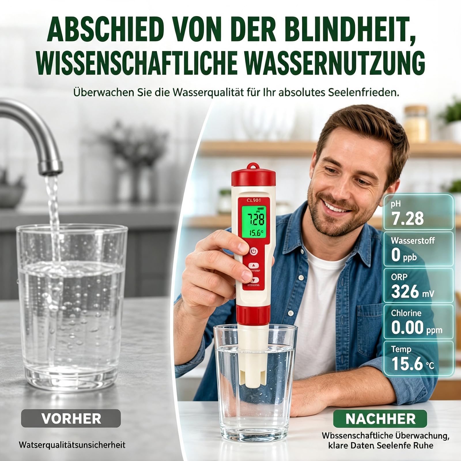 ph und chlor messgerät pool, pH Messgerät Wasser, chlortester pool digital 5 in 1, pH Chlor ORP H2 Temperatur messbar, water tester für Pools Hydrokultur Aquarien Trinkwasser