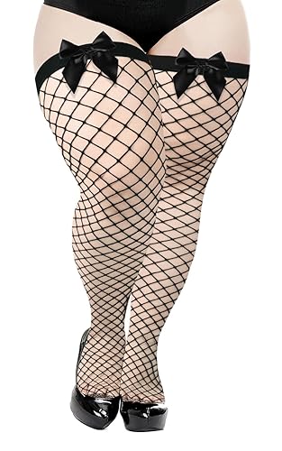 Moon Wood Plus Size Fishnet Stockings with Bows Stay up Lingerie Thigh High Stockings for Women Valentine's Day Dress