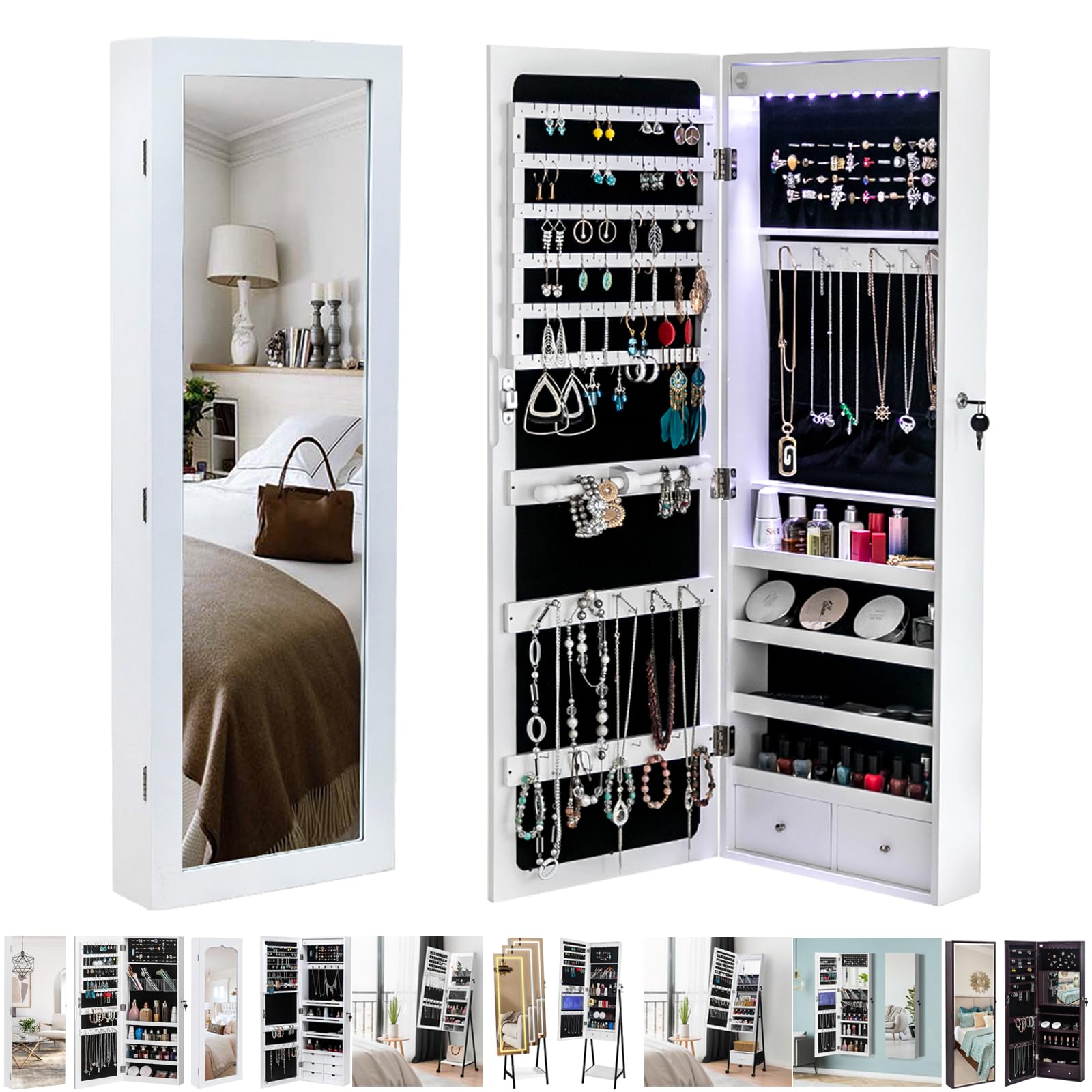 sheeroy Wall Mounted Jewelry Cabinet, Upgraded 8 LED Lights Over The Door Mirror with Storage, Jewelry Mirror Organizer Full Length, Jewelry Armoire for Necklaces, Earrings, Cosmetic
