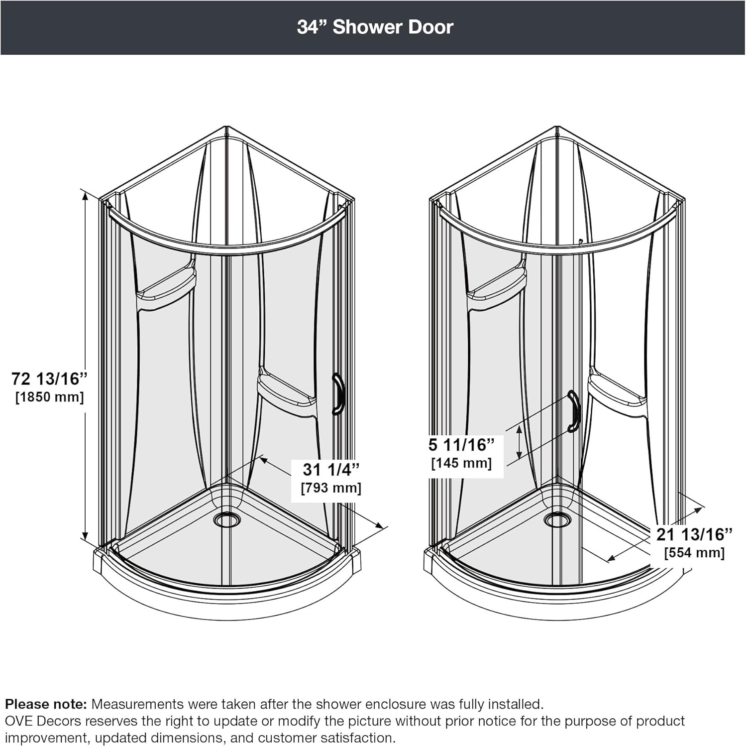 Technical drawing with dimensions of the 34 inch shower door