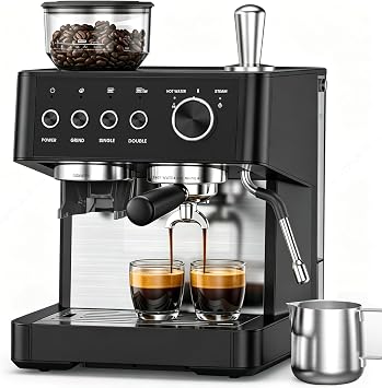 2026 Upgrade 15 Bar Espresso Machine with Built-in Anti-Clog Coffee Grinder, Expresso Coffee Machines with Milk Steam Wand/Frother/Tamping Tools,Espresso Maker with Grinder for Lattes-Sleek Black