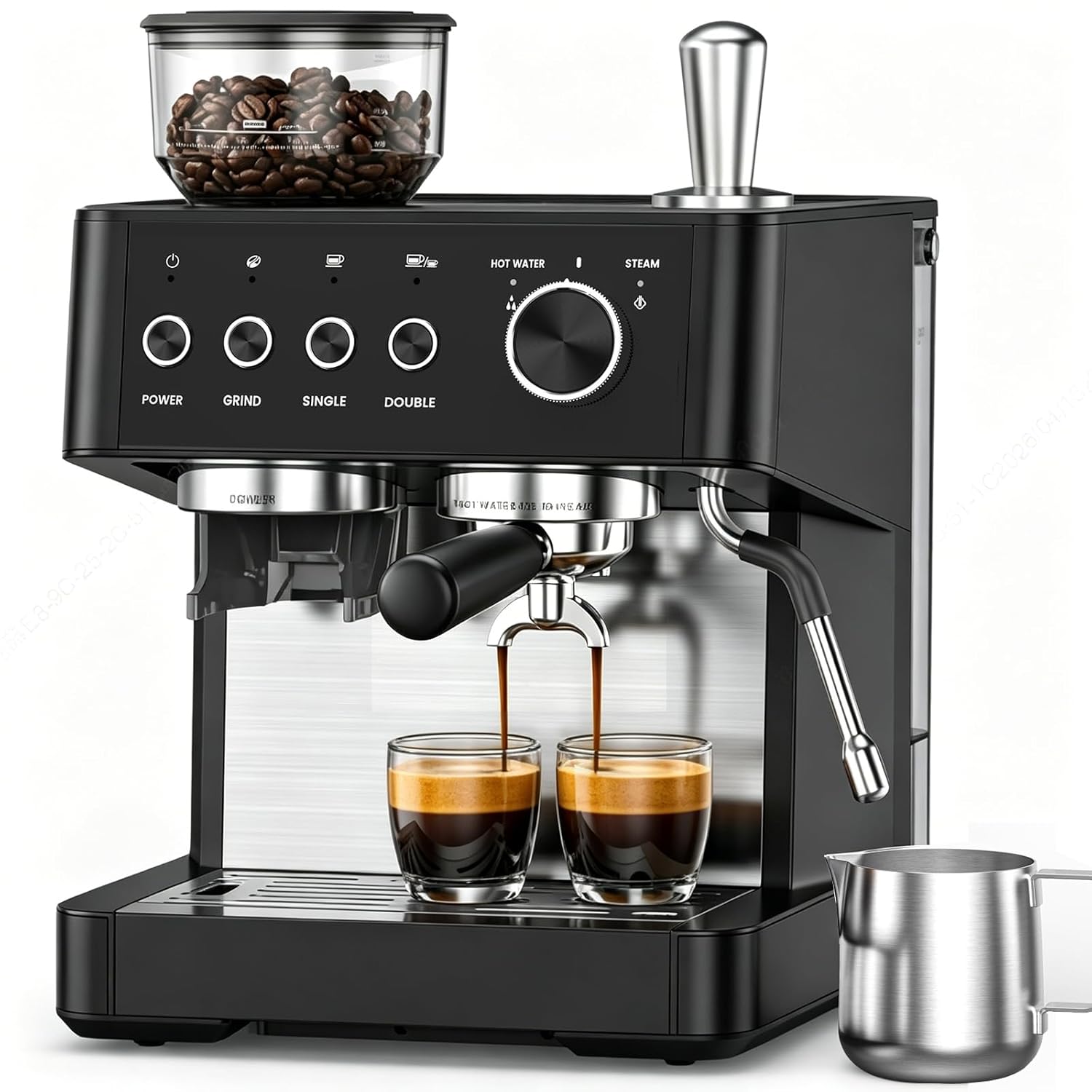 (2026 Upgrade) 15 Bar Espresso Machine with Built-in Anti-Clog Coffee Grinder, Expresso Coffee Machines with Milk Steam Wand/Frother/Tamping Tools,Espresso Maker with Grinder for Lattes-Sleek Black
