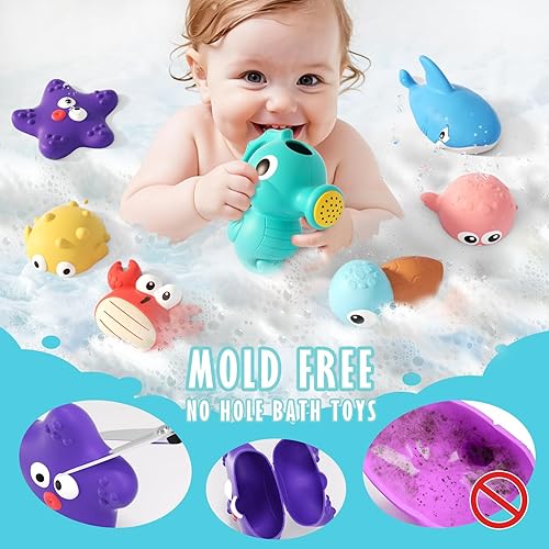 Vista 2 de Juguetes de baño sin moho para niños pequeños, juguetes de bañera sin agujeros con animales de mar, regadera de caballito de mar, red de pesca