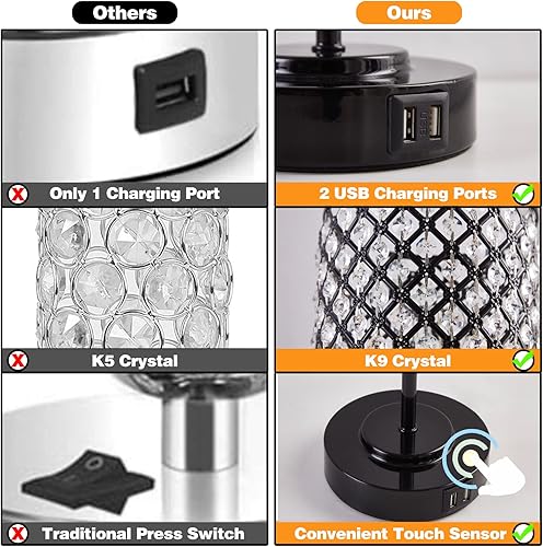Miniatura 6 de RAYINIGHT Lámpara de mesa con control táctil de cristal con 2 puertos de carga USB 3 vías regulables de cristal negro para mesa de noche mesita de
