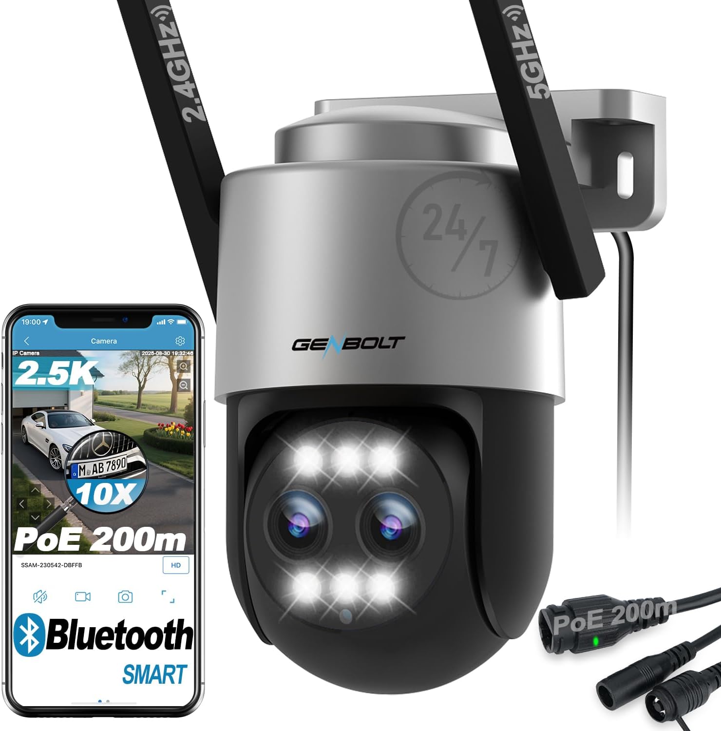 GENBOLT 2.5K PTZ WiFi Security Camera Outdoor with PoE, Dual lens CCTV Home Surveillance Camera with 10X Hybrid Zoom, IP Camera with Color Night 4MP, Auto Tracking Humanoid Detection(2.4&5GHz)