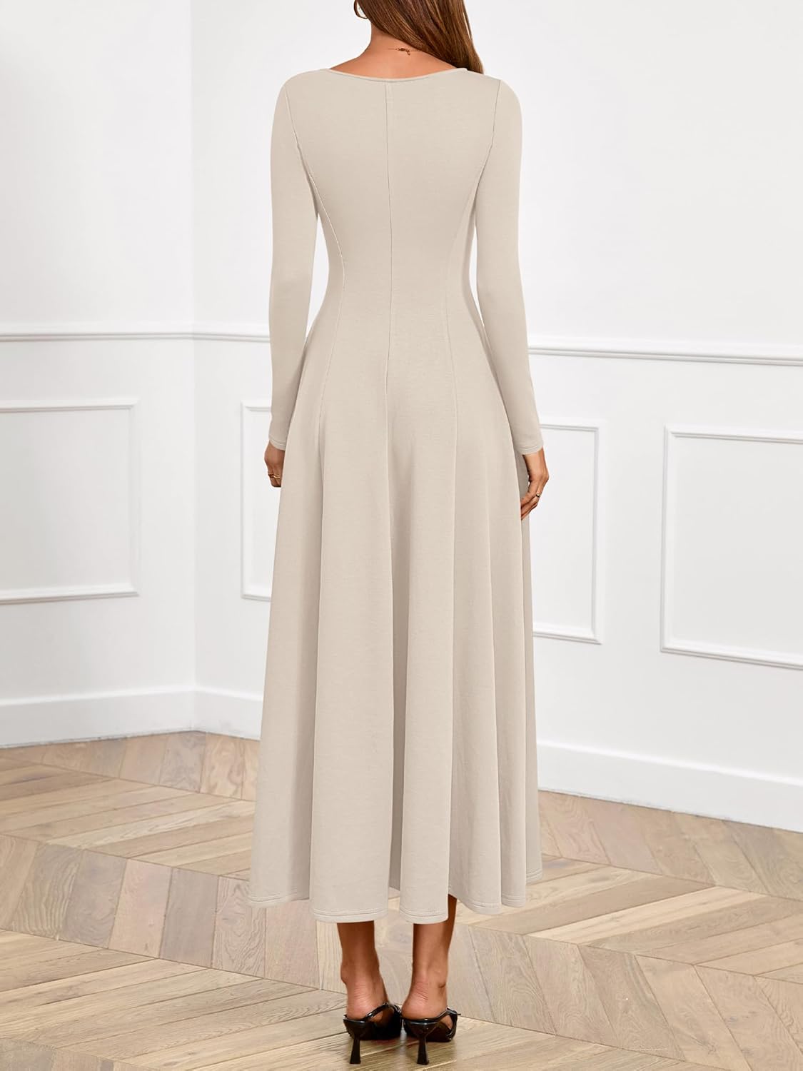 BTFBM Spring Dresses for Women 2026 Trendy Boat Neck Long Sleeve A Line Flowy Knit Loose Casual Elegant Party Maxi Dress - Image 3