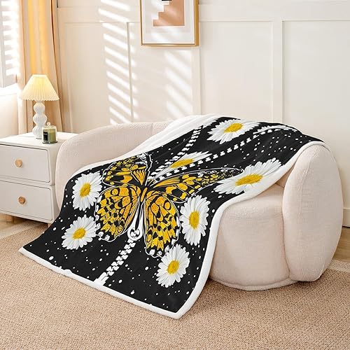 Miniatura 5 de Manfei Manta de mariposa blanca con margaritas para niños, niñas y adultos, decoración de habitación de flores en acuarela para sofá, manta de