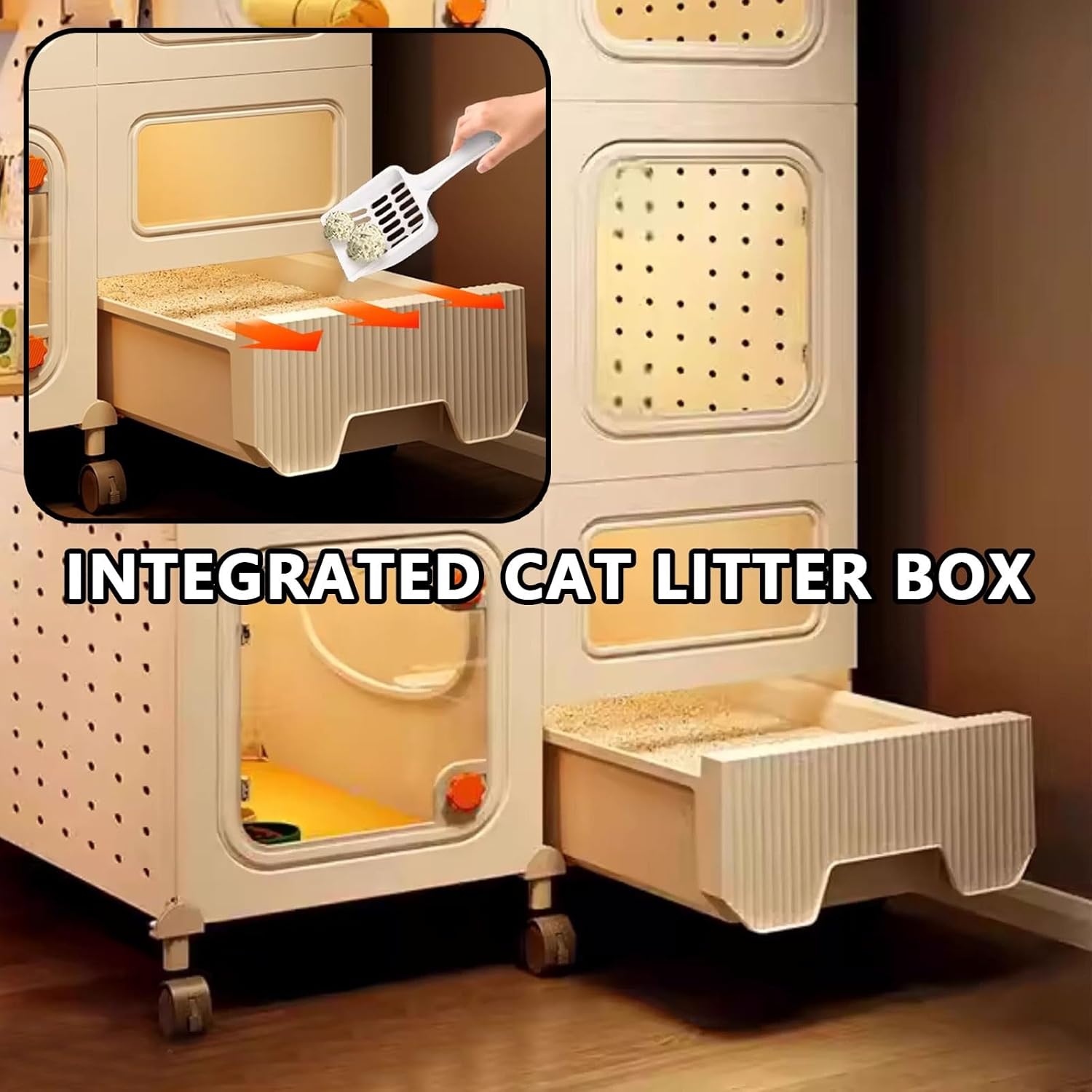 動物ケージ屋内猫囲いPPと鉄材料高さ75 / 110CM側面の穴あきパネル1-2匹の猫のための車輪と統合されたトイレボックスを備えて