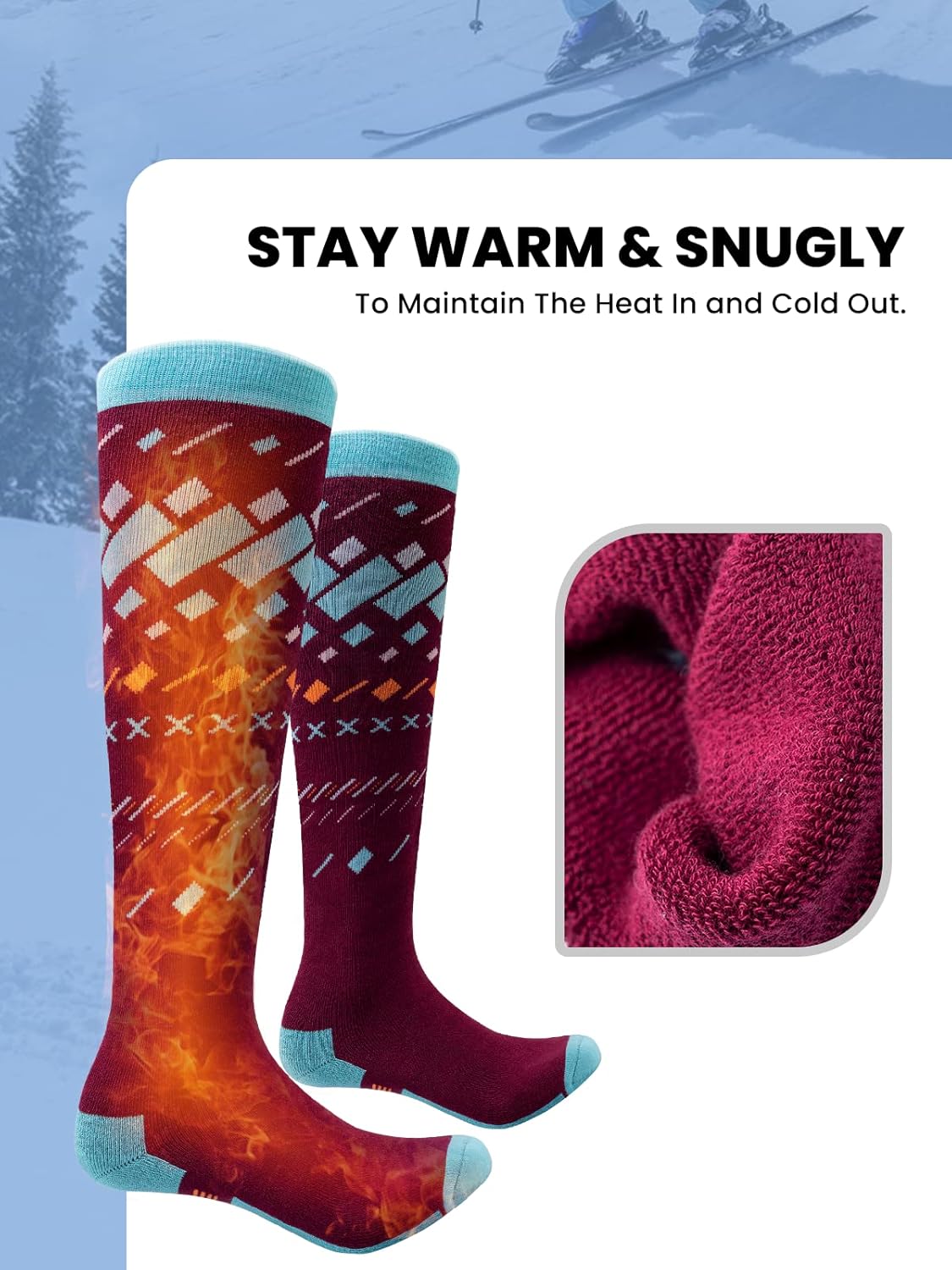 OutdoorMaster Update Ski Socks, 2 Pack Snowboarding Socks for Men & Women, Thermal Winter Warm & Breathable, Over The Calf - Image 4