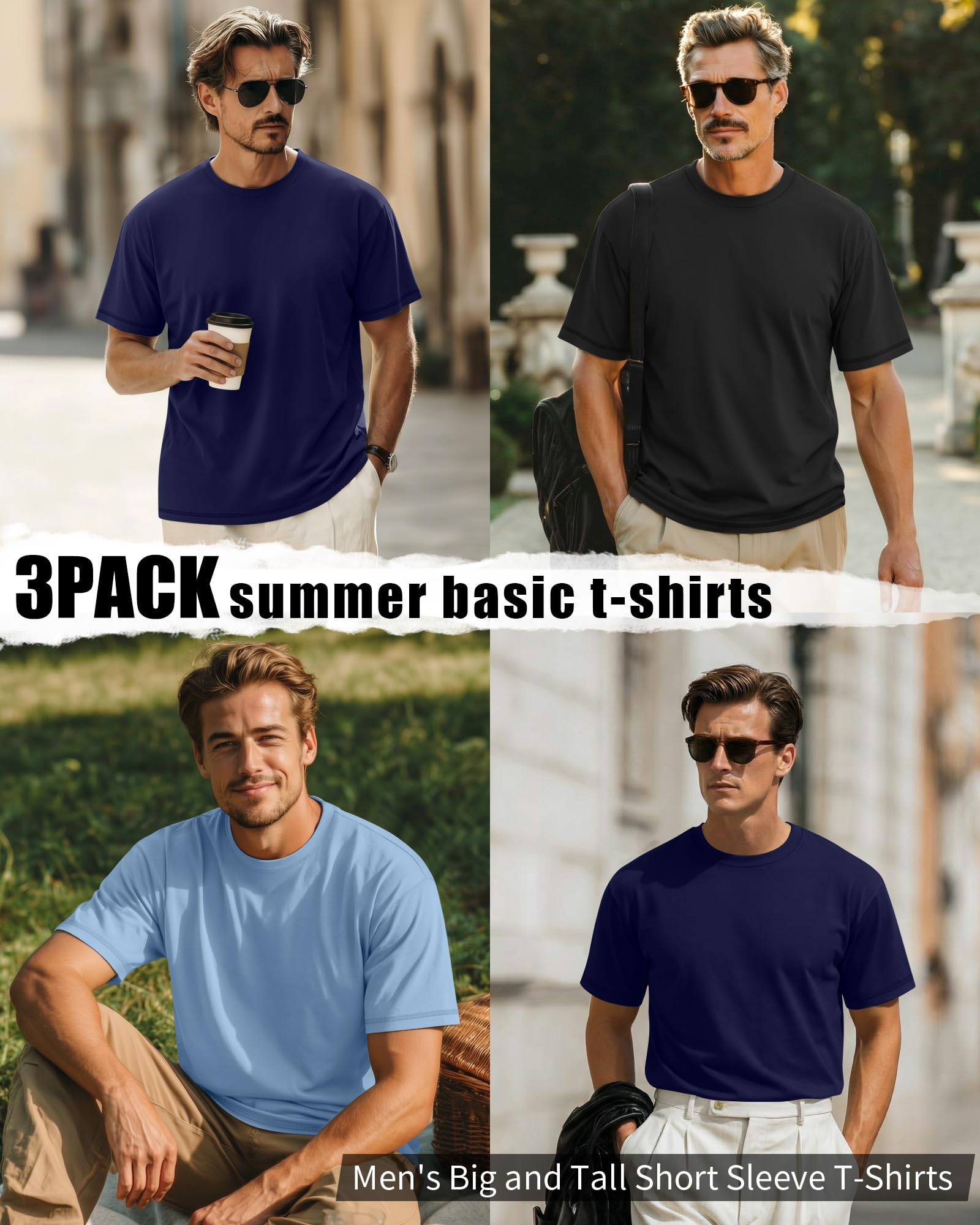Neer Paquete de 3 Camisetas para Hombre de Tallas Grandes (L-7XL) Manga Corta Cuello Redondo Camisetas básicas de Verano