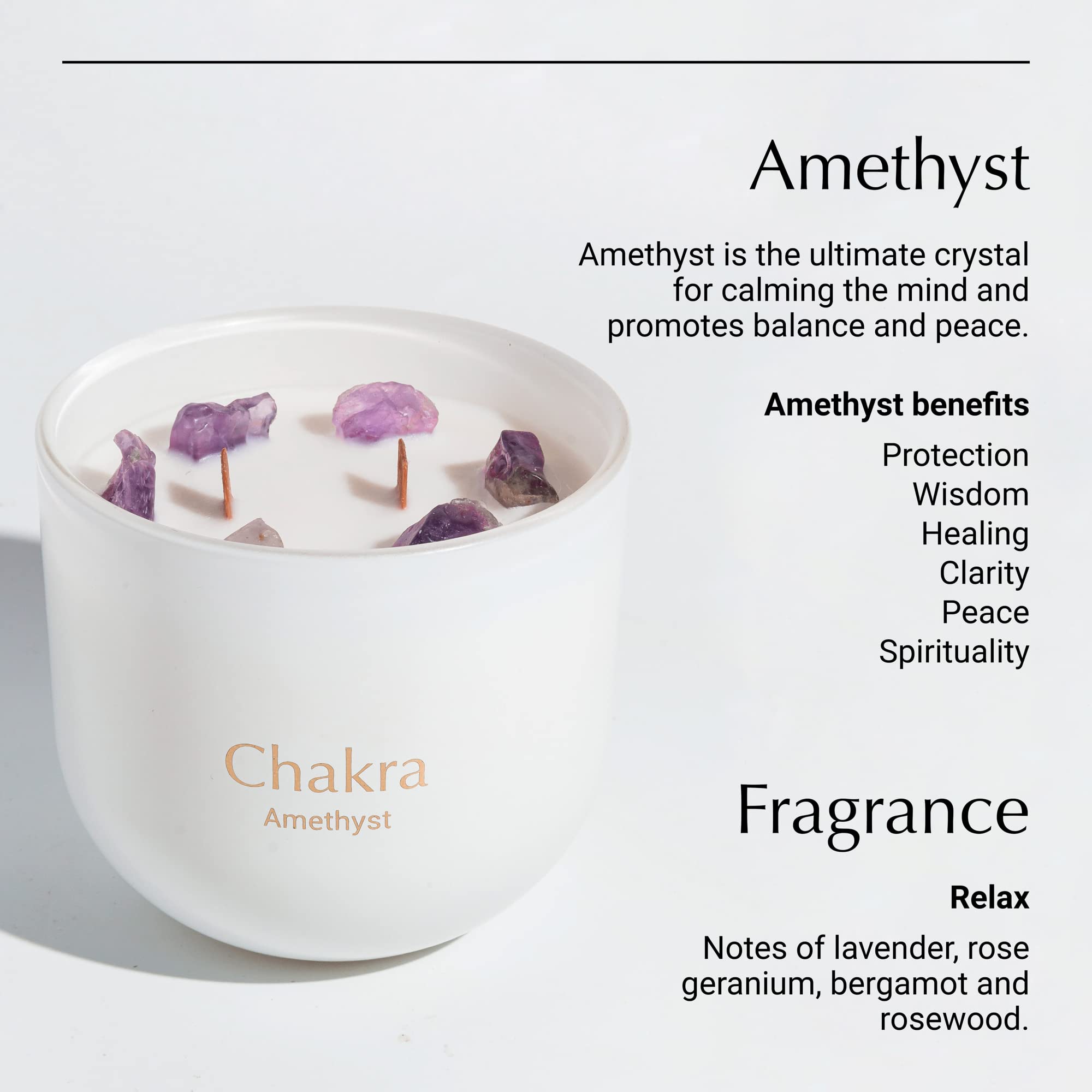 Hidden Label 340 ml amatista cuarzo relajante velas de cristal, 2 mechas de madera, velas aromáticas, meditación con cristales en la colección Chakra