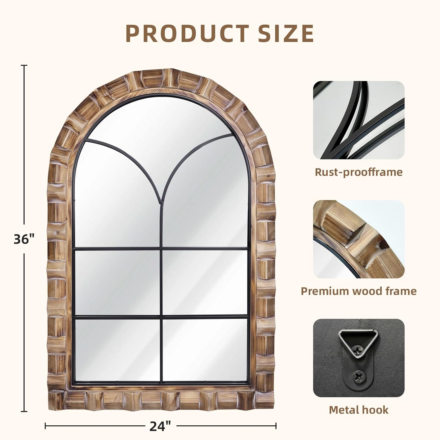 36x24 Inch Arched Window Pane Wall Mirror - Rustic Farmhouse Solid Wood Decorative Mirror for for Living Room, Bedroom, Entryway & Bathroom E - Window - 36x24 in