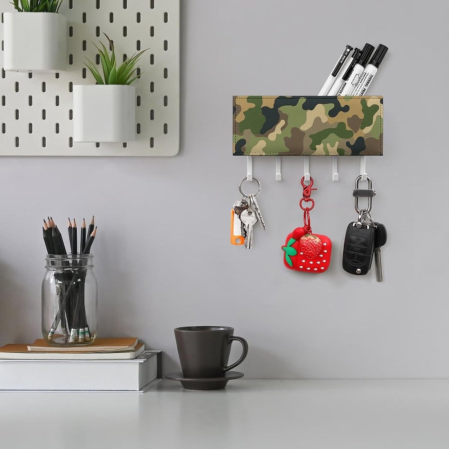Camouflage Key Holder with 5 Hooks Mail Organizer for Wall White image 5