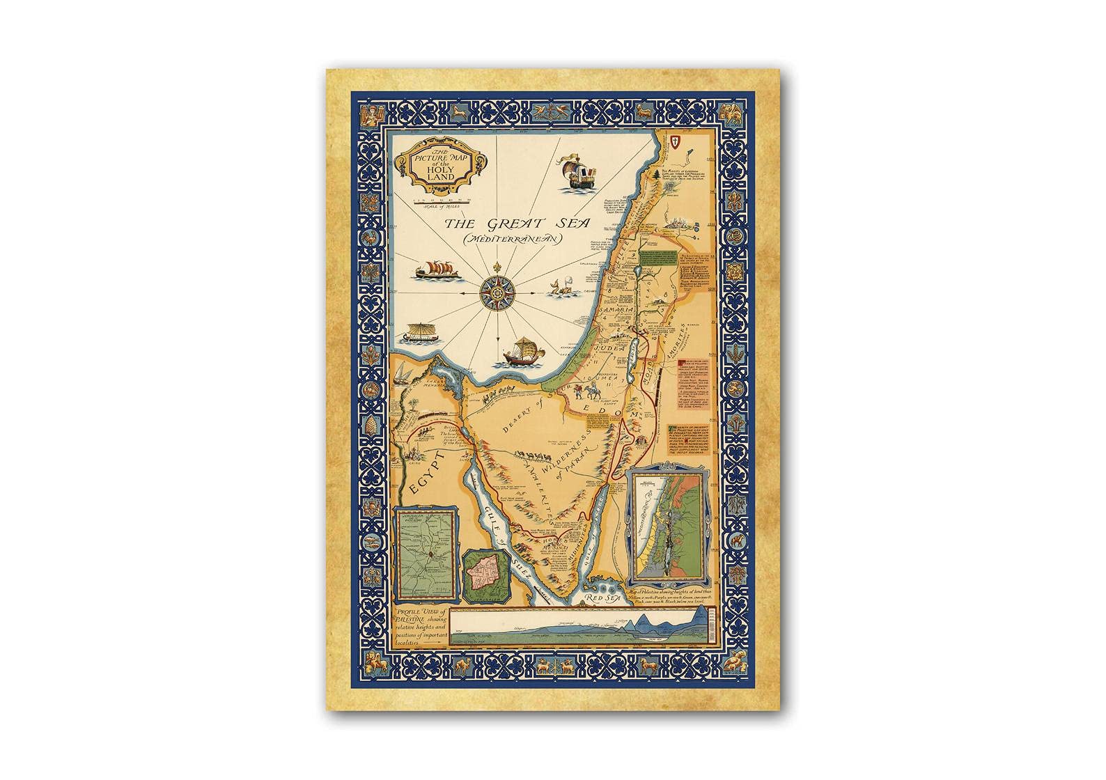Printagonist Picture Map Of The Holy Land, 1928. Jerusalem, Israel, Palestine, Ancient Routes, Biblical Map, Historic Sites, New Testament. (Matt, A2 23.4 X 16.5 Inches)