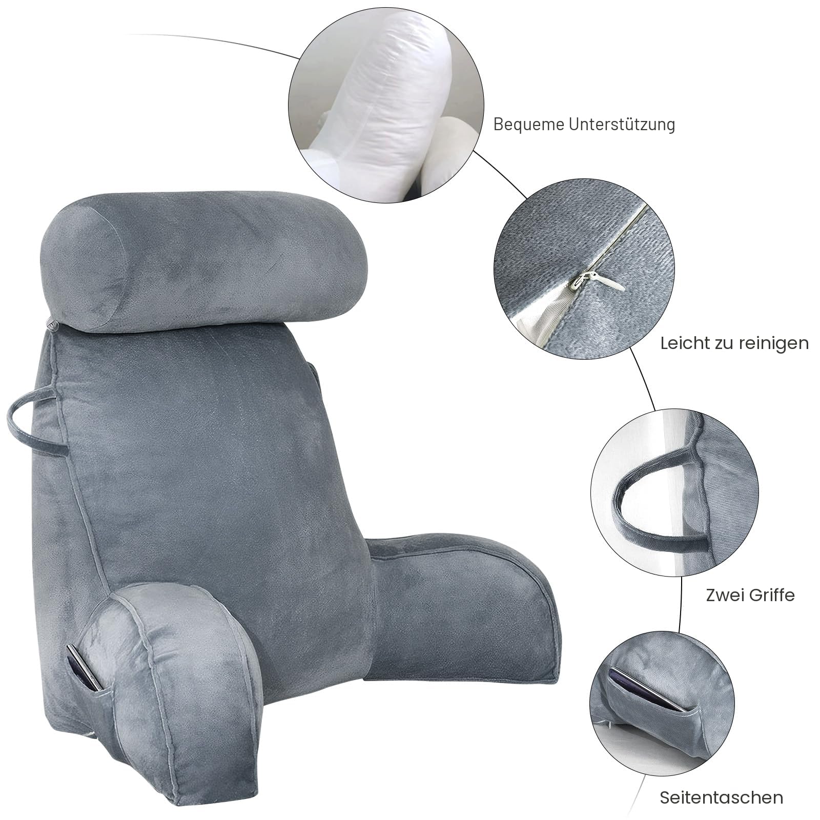 GKXLH Lesekissen - Samt Lesekissen für das Sitzen im Bett Erwachsene, Rückenkissen für das Sitzen im Bett mit rundem Kissen, Rücken-Arm-Unterstützung Bettruhekissen mit Arm & Tasche & waschbarer Bezug