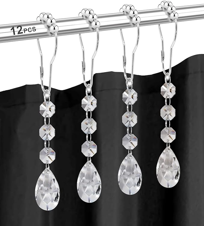 Yapicoco Shower Curtain Hooks Rings for Bathroom, 12PCS Gemstone Crystal Bead