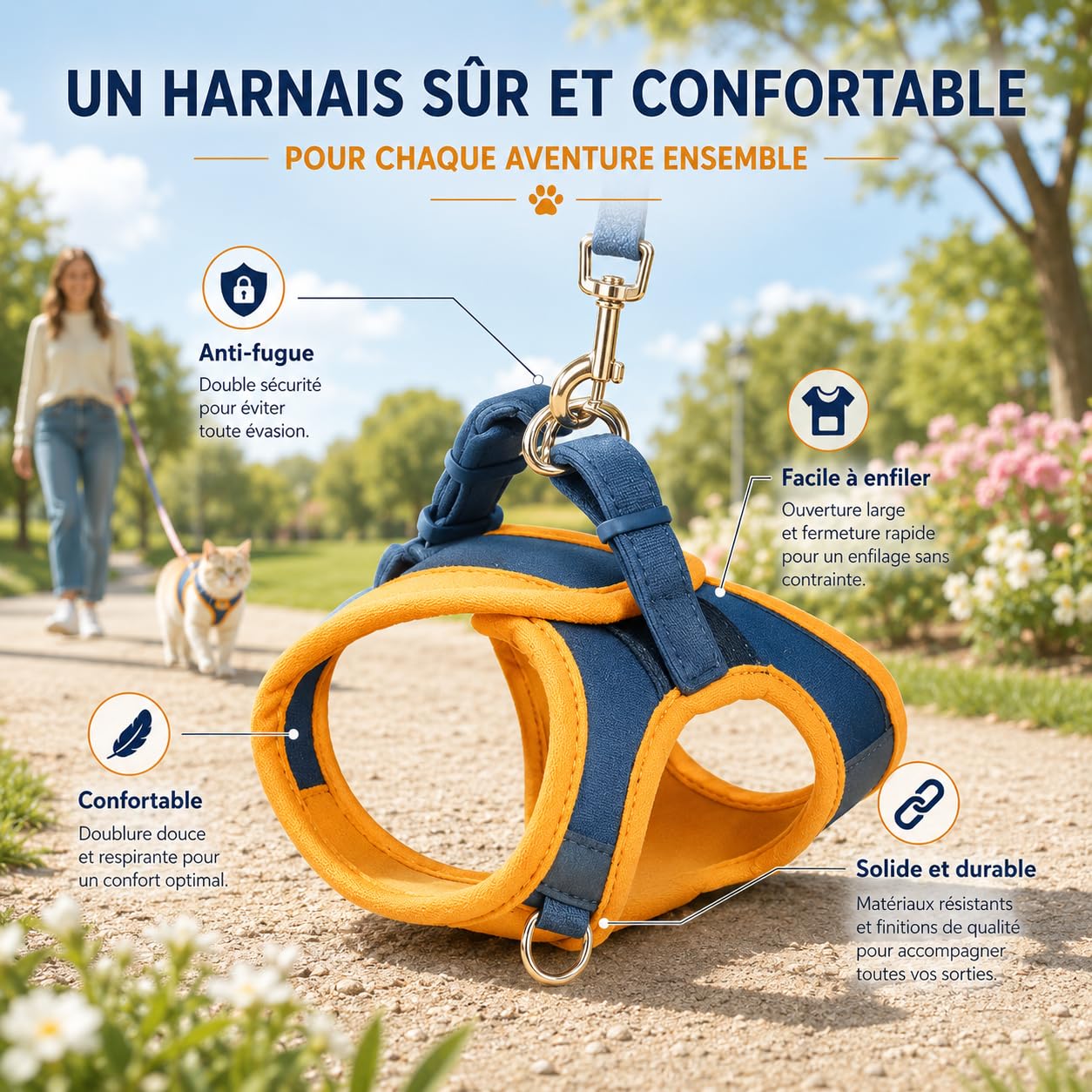 Ma Boutique Chat Harnais Anti-Fugue avec Laisse, Modèle Facile à Enfiler, Ajustement Confortable pour Promenade, Jardin et Voyage (Orange,L (4-7kg))