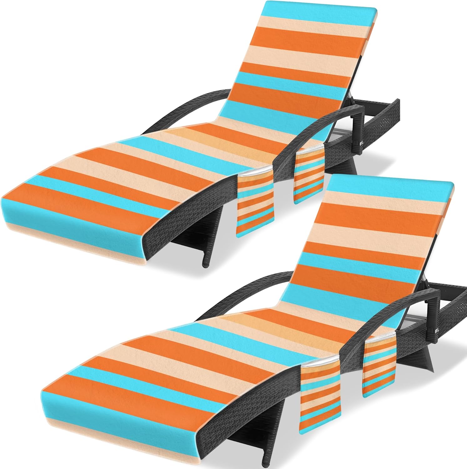 Lounge Chair Towel Cover, Chaise Lounge Covers (Pack of 2), Striped Lounge Chair Towels with Fitted Top Pocket for Pool, Beach,Vacation Travel, 85 x 30 in, Striped Sky Blue Orange
