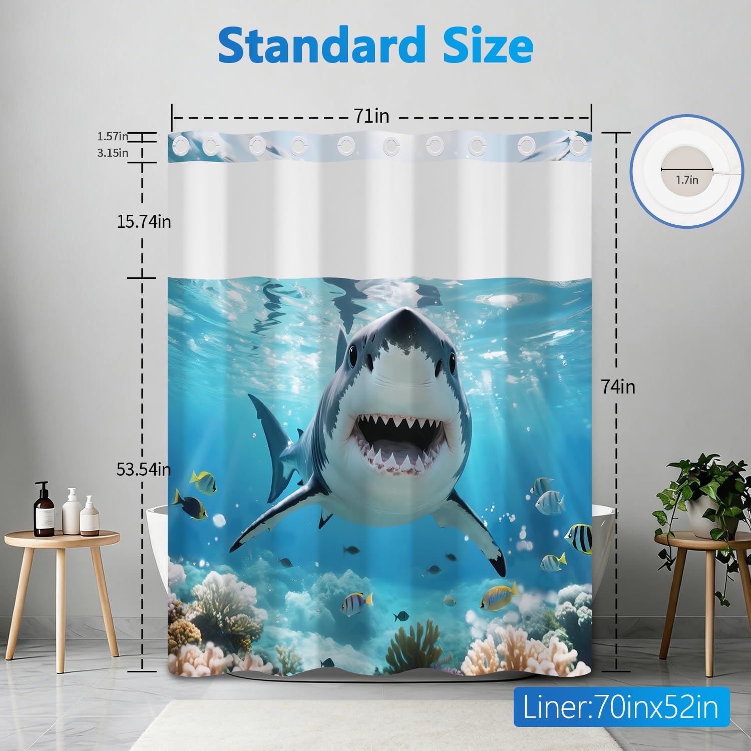 Ocean No Hook Shower Curtain with Snap in Liner Set, Shark Shower Curtain with Mesh Top Window and Weighted Hem, 71x74in Hotel Style Summer Double-layer Waterproof Fabric Shower Curtain for Bathroom