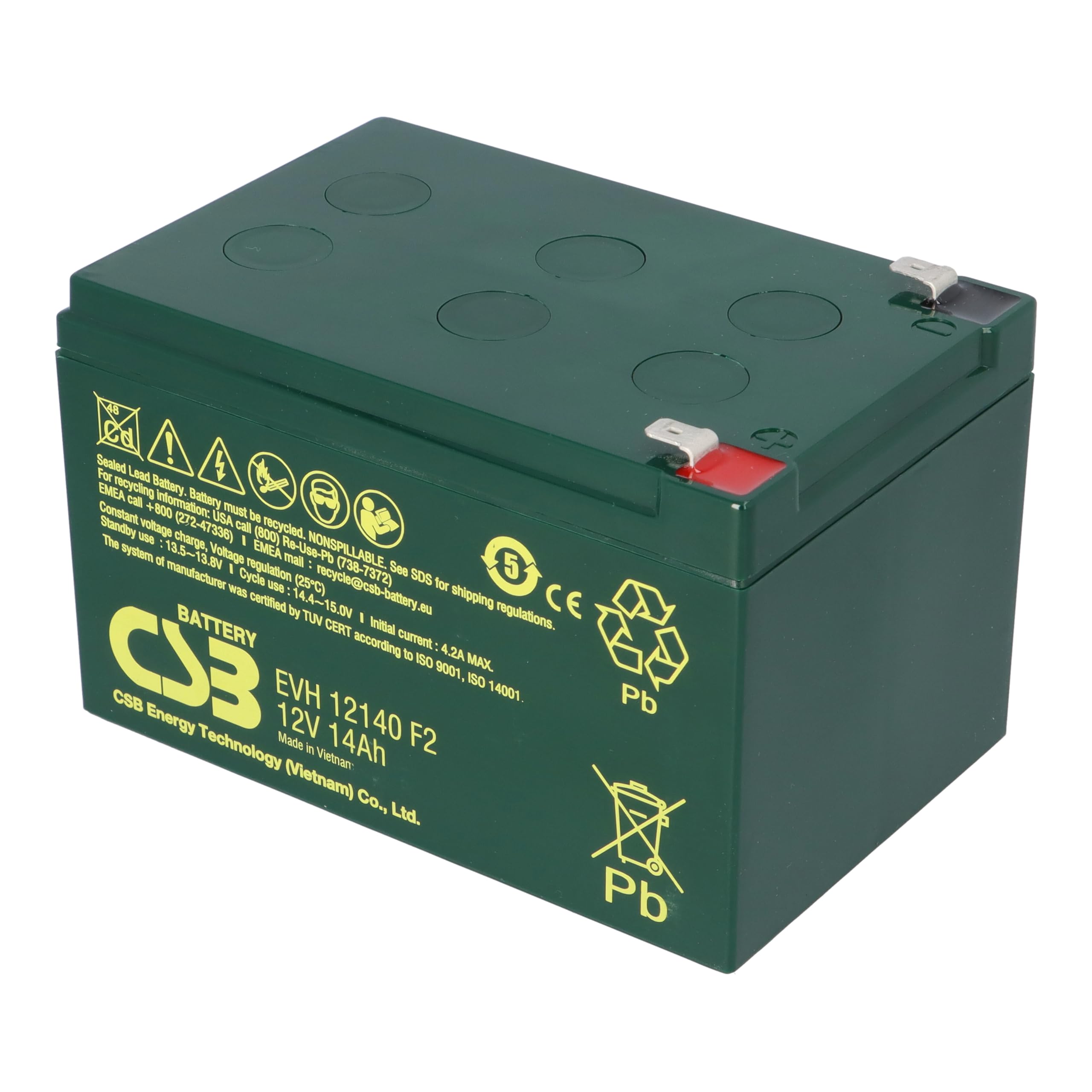 CSB EVH12140F2 Blei Akku 12V 14Ah Zyklenfest Faston F2 | Kompatibel Zu WP14-12SE, REC14-12, MP15-12C, MP12-12C Und WP12-12E - Langlebig
