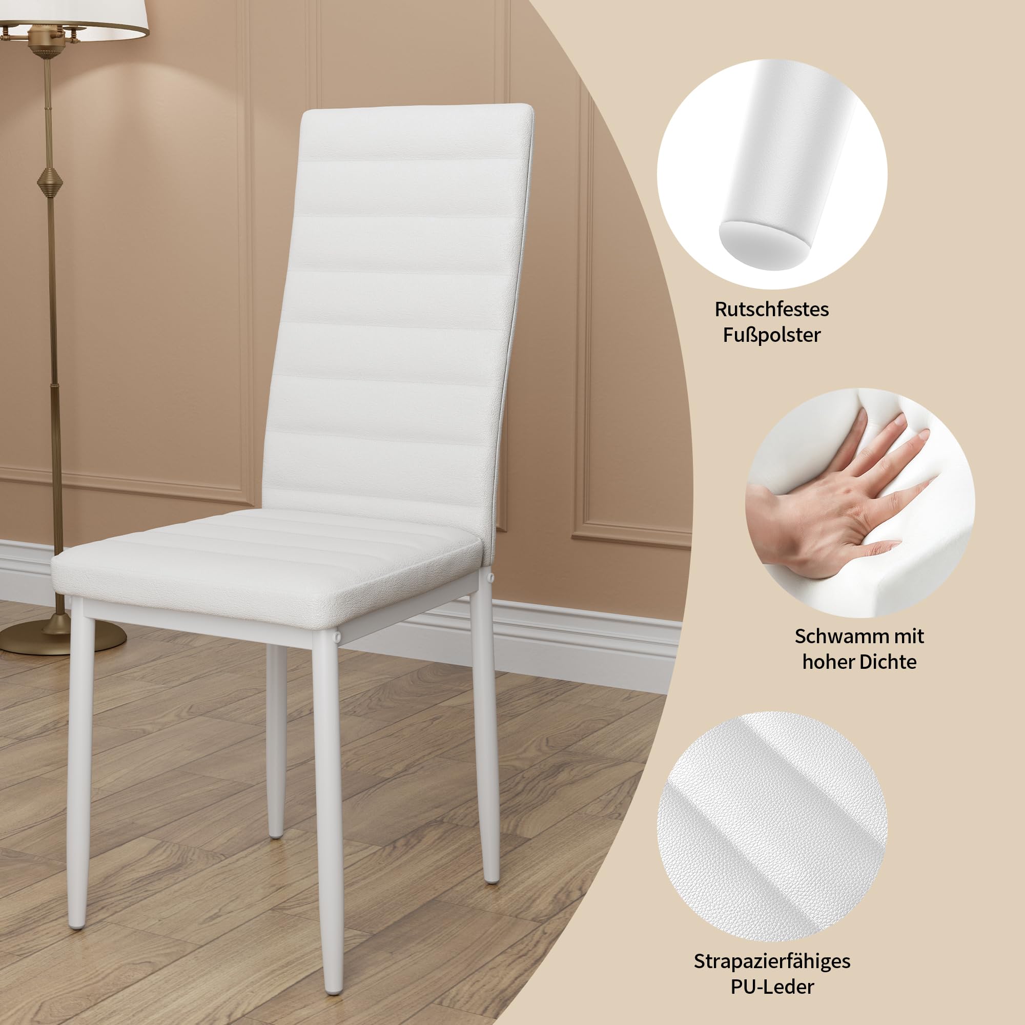 Bealife Set Tavolo e Sedie da Pranzo, 4 Sedie Confortevoli, Tavolo in Vetro Temperato, per Cucina, Stanza da Pranzo e Soggiorno (4 sedie, bianca)