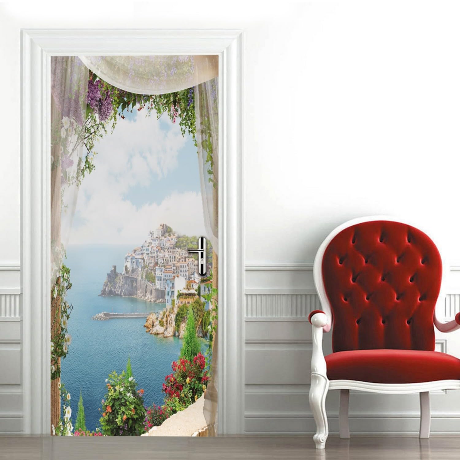 Trompe l'oeil Adesivi per Porte Finestra vista mare Autoadesiva Impermeabile,Vinile PVC, Carta da parati per pareti e porte poster per la camera da letto e il soggiorno 77 x 200 cm