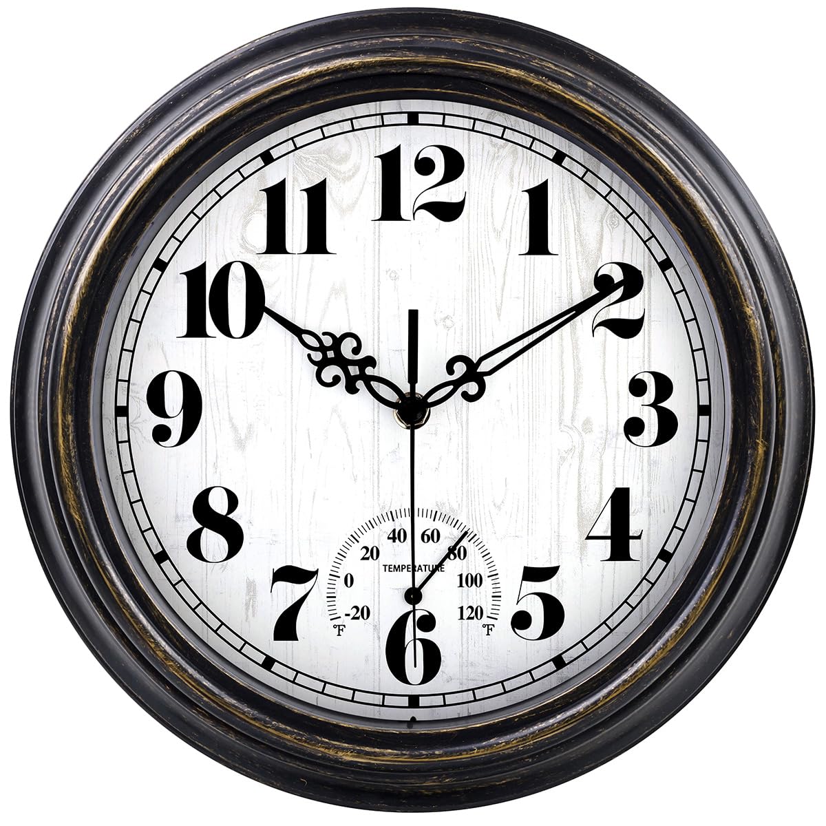 zyzamay 12 Inch Indoor Outdoor Clocks,Waterproof Wall Clock with Thermometer,Easy to Read,Non-Ticking Battery Operated Quality Quartz Clock, Decorative for Patio,Porch,Pool,Bathroom(BlackGold)