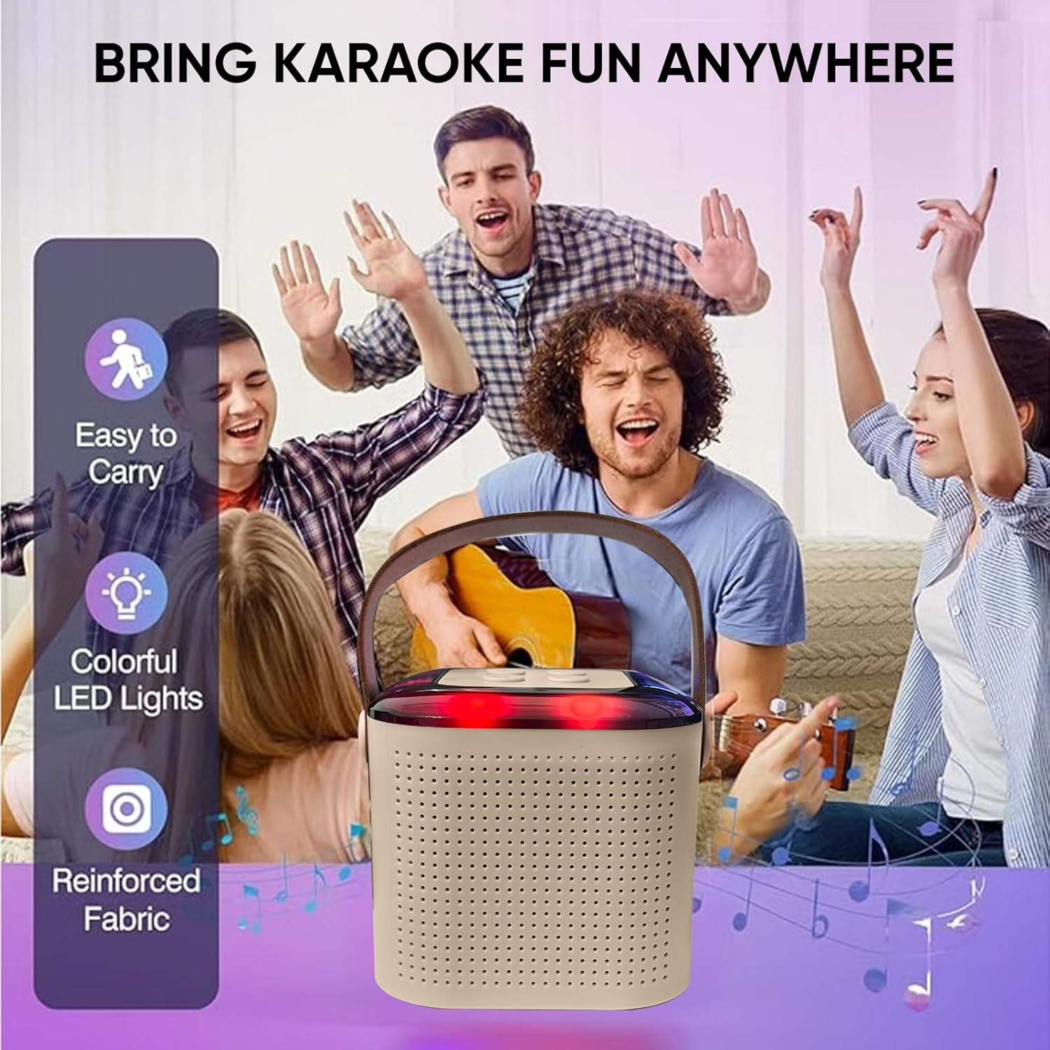 Karaoke Machine for Kids and Adults, Mini Karaoke Bluetooth Mic Singing Speaker with Wireless Microphones and 7 Color Lights, Toys for All Phones, Birthday, Children's Day Gift, Family Party (Beige) - Image 2