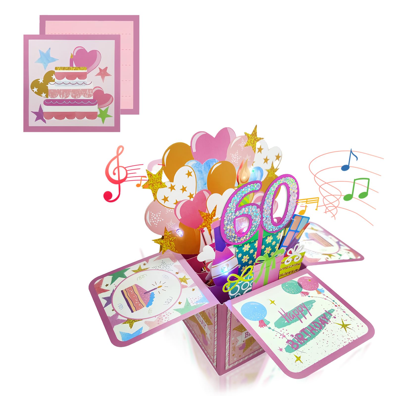 COSORO Pink 3D Pop Up 60th Musical Birthday Card for Women Her Birthday Gifts,Singing Blowable Candle Light Up Happy 60th Birthday Cards for Female Grandma Mum Wife Sister Ladies Friend Partner