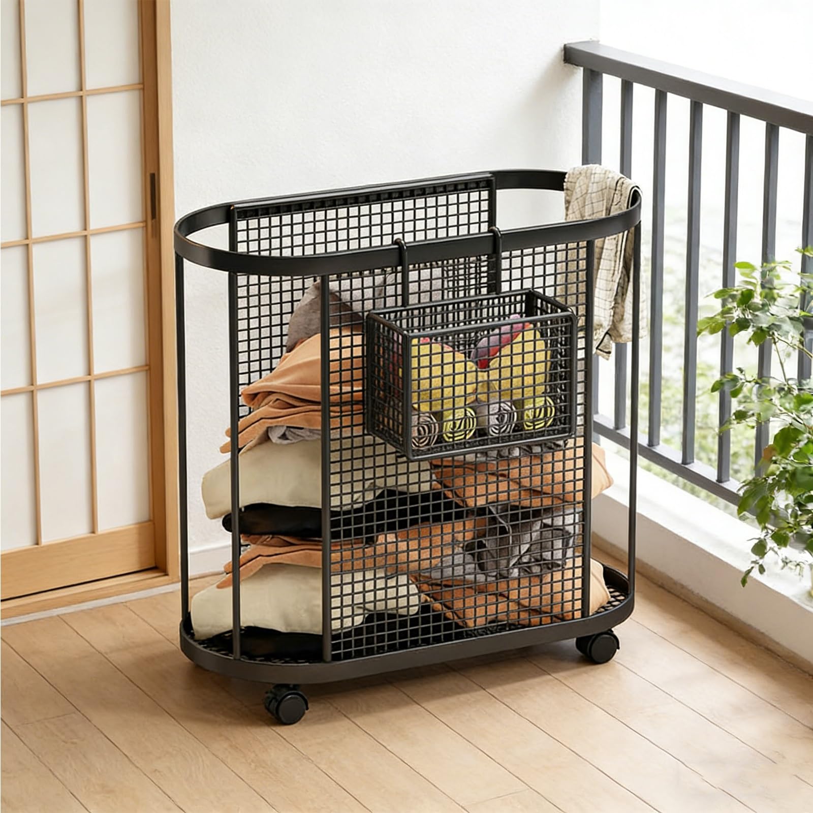 Folding Laundry Basket Household Storage Metal Rolling Cart with Wheels,Large Mobile Hamper with Hanging,Multifunctional Toy Organizer