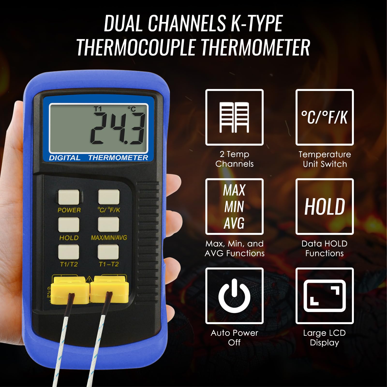 Alta Precisione Digitale Tipo K Termocoppia Termometro (-50~1300°C) con Doppio Canale 4 Sonde (Cablata & Acciaio Inossidabile) Palmare Alta Temperatura Scala Kelvin Metro Tester