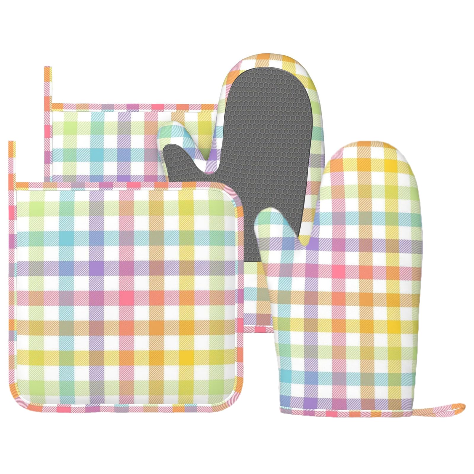 Juego de 4 manoplas de horno y soportes para ollas de cuadros de búfalo pastel, juego de 4 manoplas de horno y agarraderas de acuarela arcoíris, resistentes al calor, guantes de cocina rústicos para