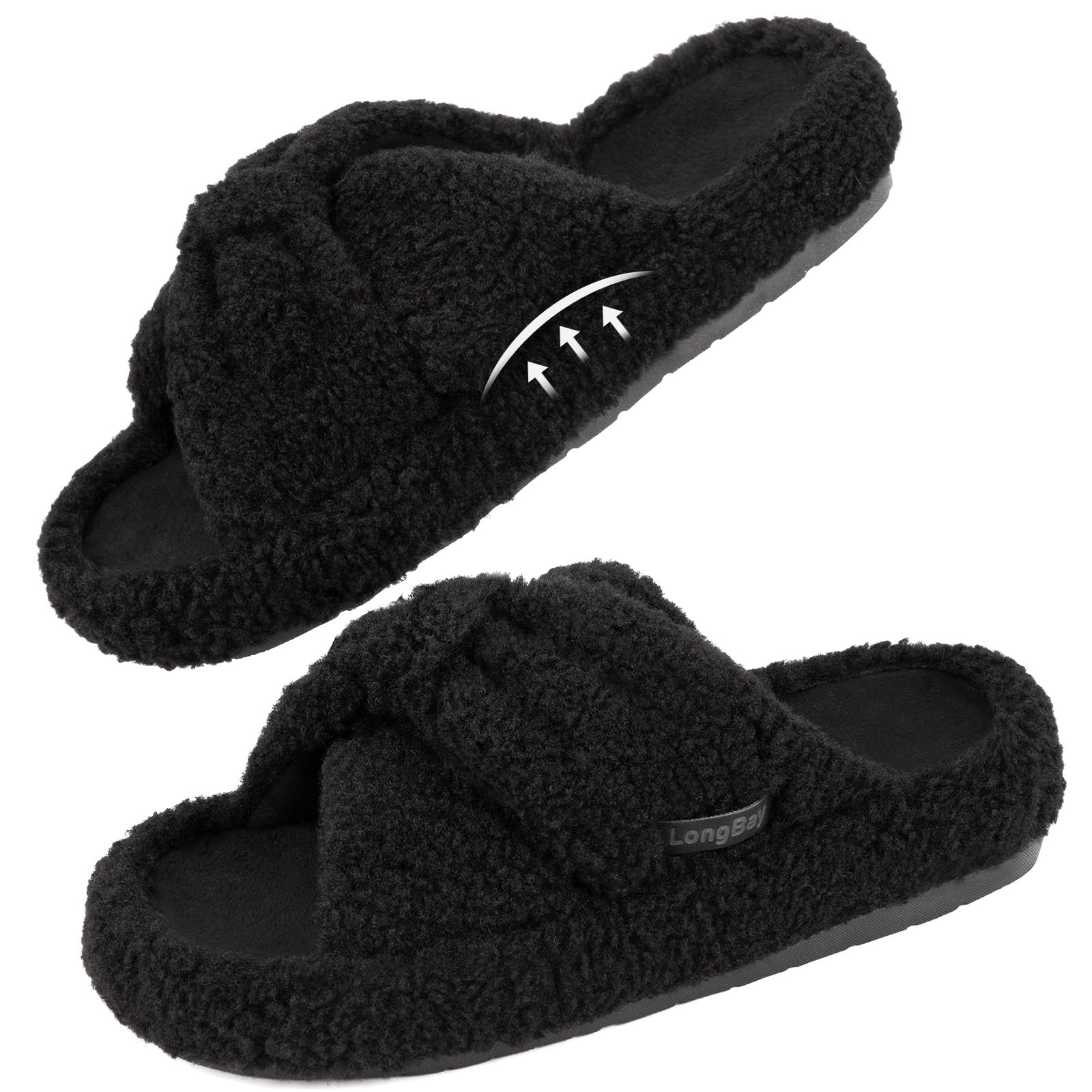 Womens Fuzzy Slippers Open Toe Memory Foam Supportive House Shoes Bow Crossbands Indoor Bedroom Slides Gift