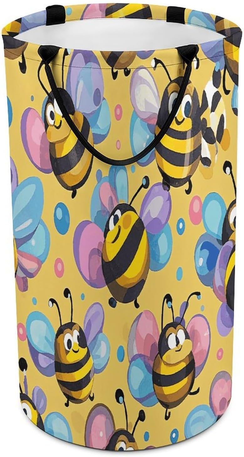 Cartoon Bee Pattern Laundry Hamper Fashion Dirty Laundry Hamper Portable Laundry Hampers with Handles Lightweight Large Clothes Storage Basket for Bedroom Bathroom